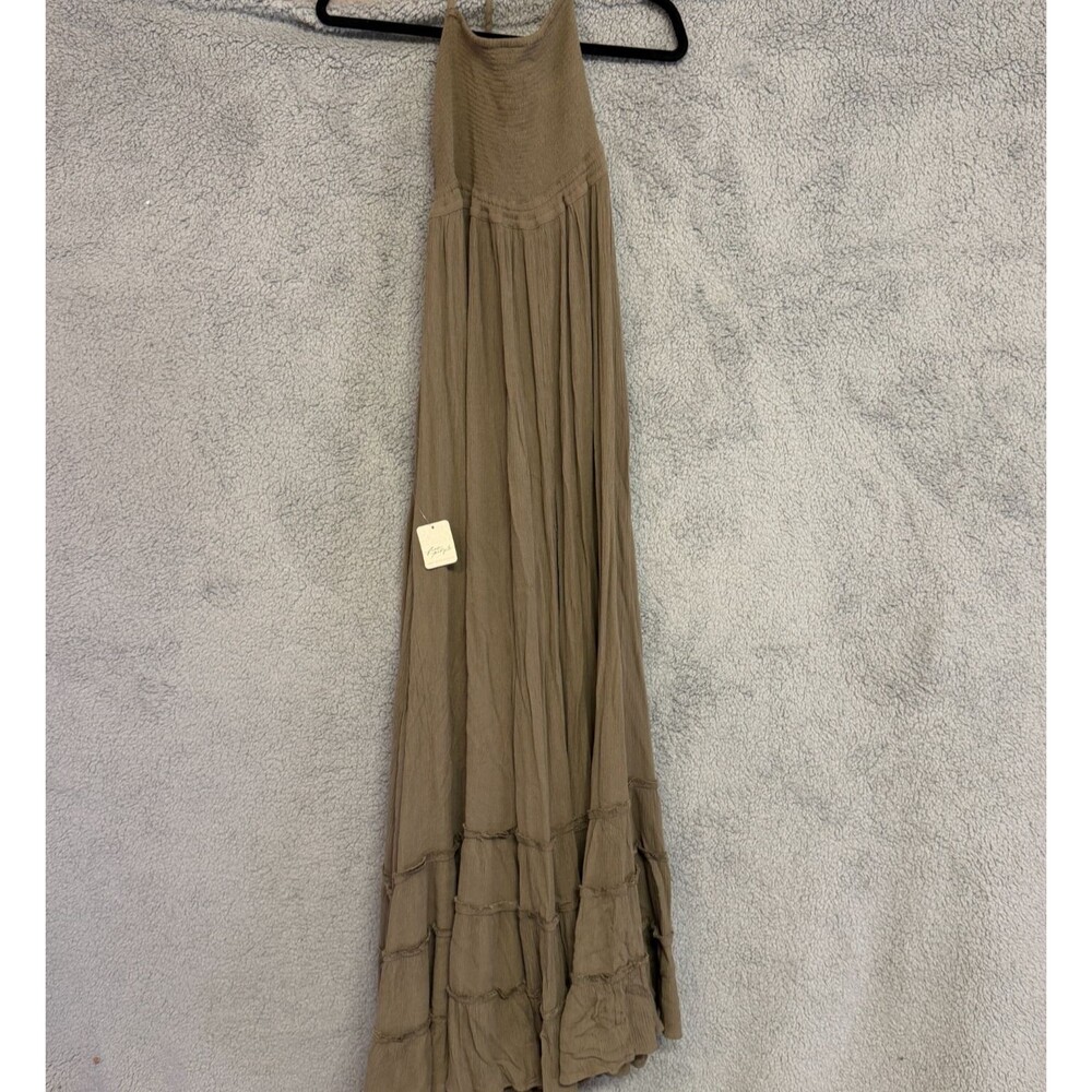 FREE PEOPLE Maxi Dress Womens Large Green Halter Open Back Tiered Flowy Festival